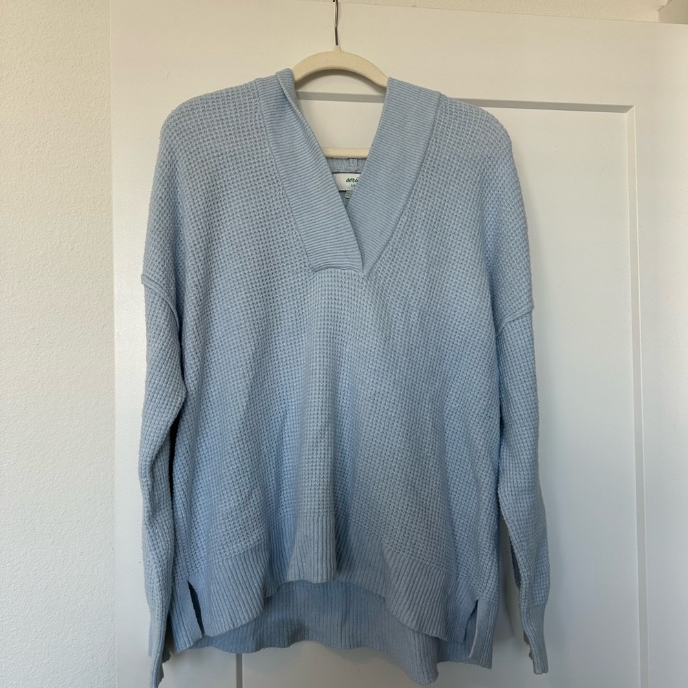 Aerie Light Blue Waffle Knit Hooded V‑Neck Sweater